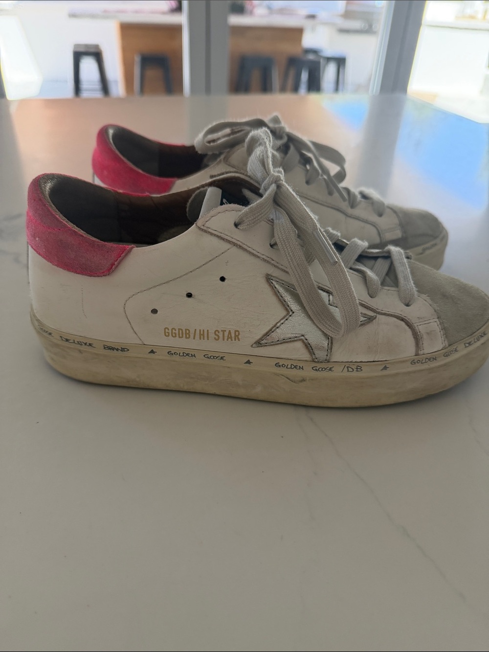 Golden Goose White Leather Hi Star Sneakers with Pink Heel Tab
